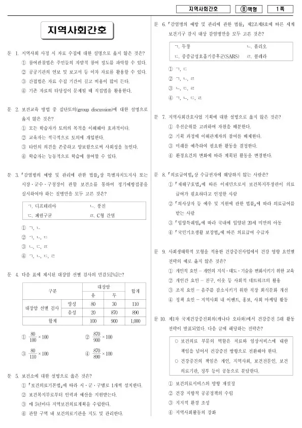 2017년 제1회 지방공무원 9급 지역사회간호 (B)