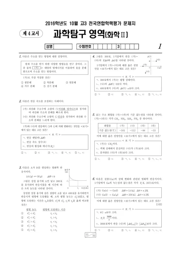 2016년 10월 고3 학평(서울) 화학II