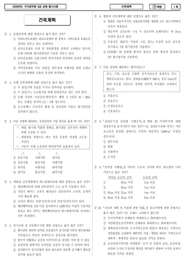 2020년 국가공무원 9급 건축계획 (가)