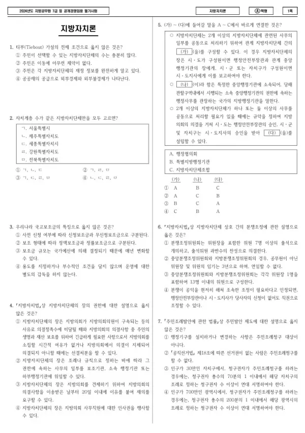 2024년 제2회 지방공무원 7급 지방자치론 (A)