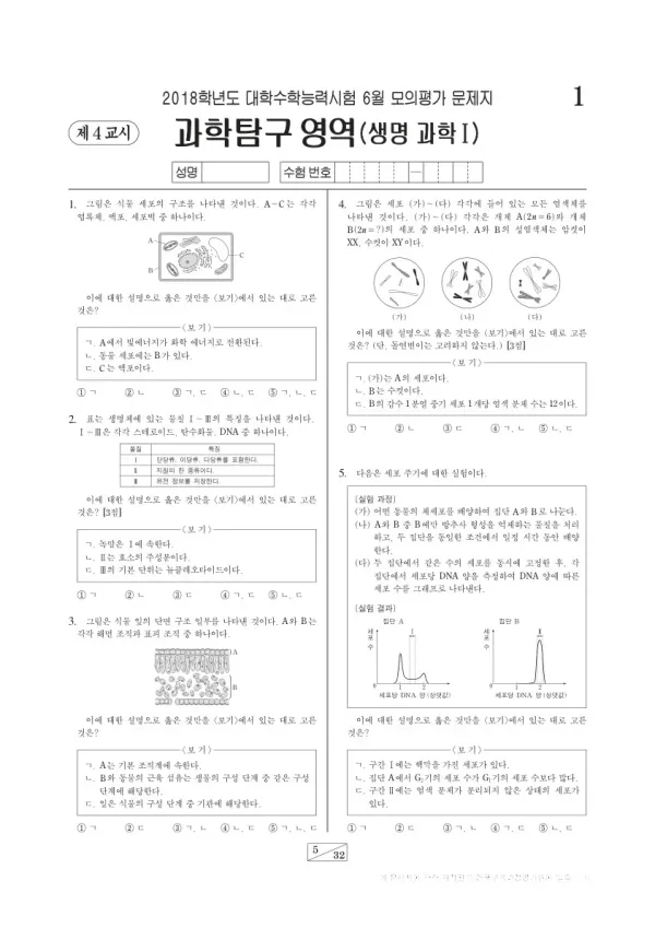 2018학년도 6월 모평(평가원) 생명과학I