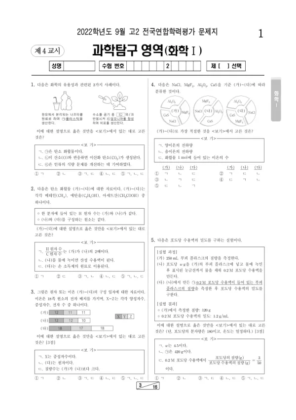 2022년 9월 고2 과학탐구 화학 I