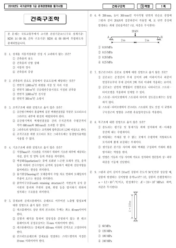 2019년 국가공무원 7급 건축구조학 (가)