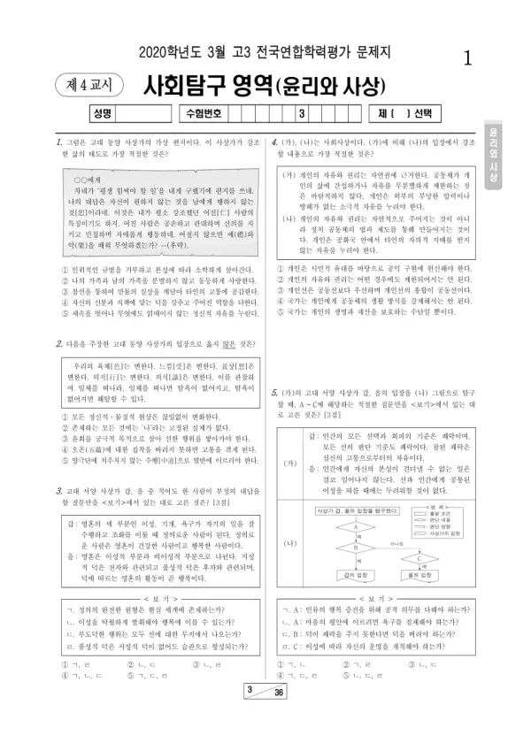 2020년 3월 고3 사회탐구 윤리와 사상
