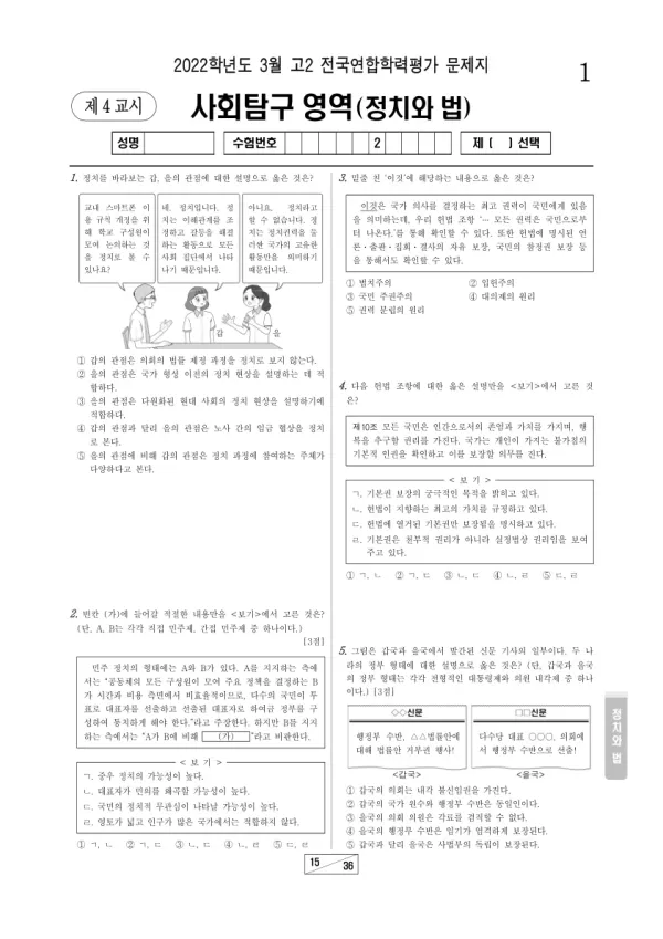 2022년 3월 고2 사회탐구 정치와 법
