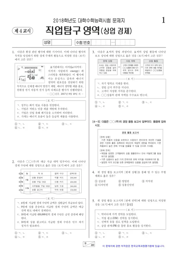 2018학년도 수능 상업 경제