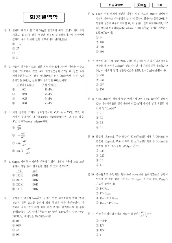 2014년 국가공무원 7급 화공열역학 (A)