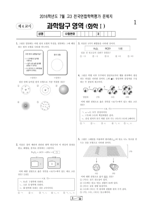 2016년 7월 고3 학평(인천) 화학I