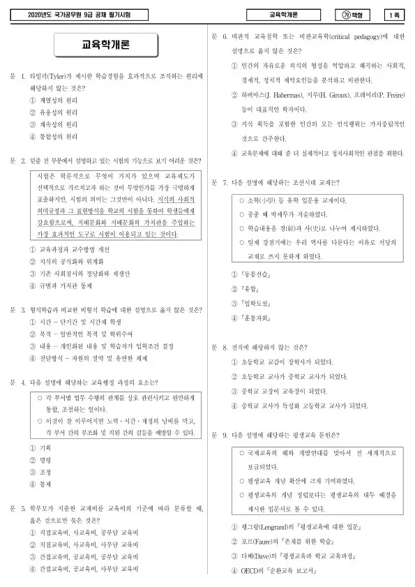 2020년 국가공무원 9급 교육학개론 (가)