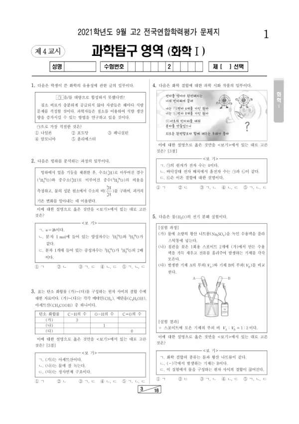 2021년 9월 고2 과학탐구 화학 I