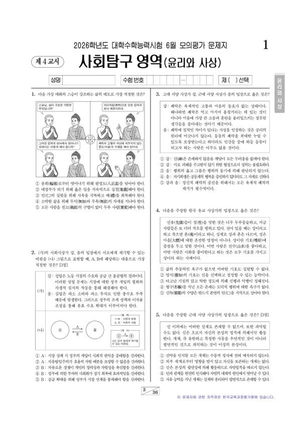 2026년 6월 고3 사회탐구 윤리와 사상