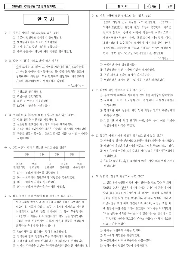 2020년 국가공무원 7급 한국사 (나)