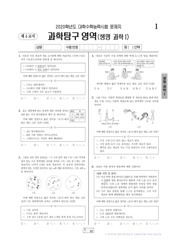 2020학년도 수능 생명과학 I