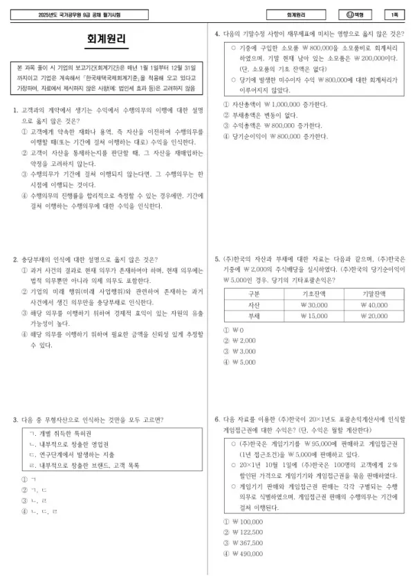 2025년 국가공무원 9급 회계원리 (나)