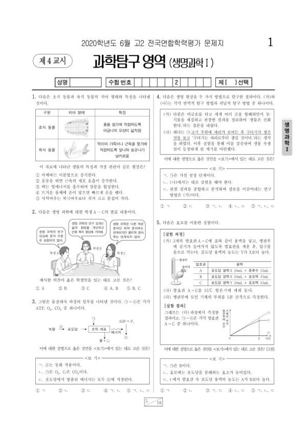 2020년 6월 고2 과학탐구 생명과학 I