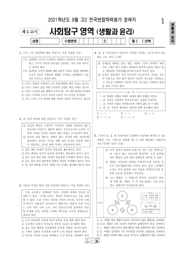 2021년 9월 고2 사회탐구 생활과 윤리