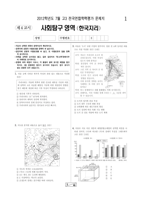 2012년 7월 고3 학평(인천) 한국지리