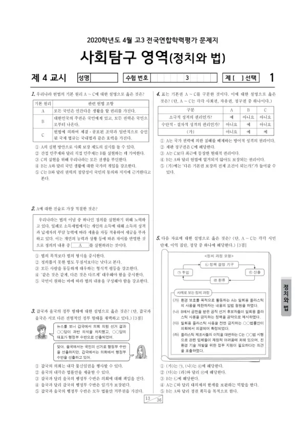 2020년 4월 고3 학평(경기) 정치와 법