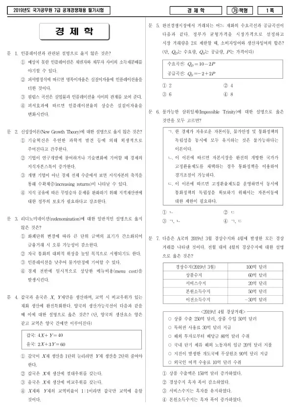 2019년 국가공무원 7급 경제학 (가)