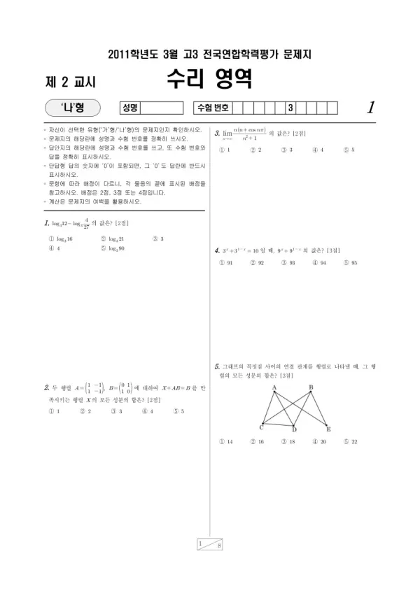 2011년 3월 고3 학평(서울) 수리나형