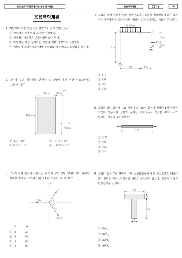 2025년 국가공무원 9급 응용역학개론 (나)