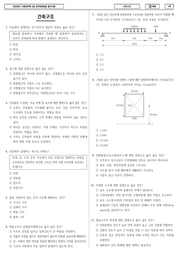 2023년 제2회 지방공무원 9급 경력경쟁 건축구조 (B)