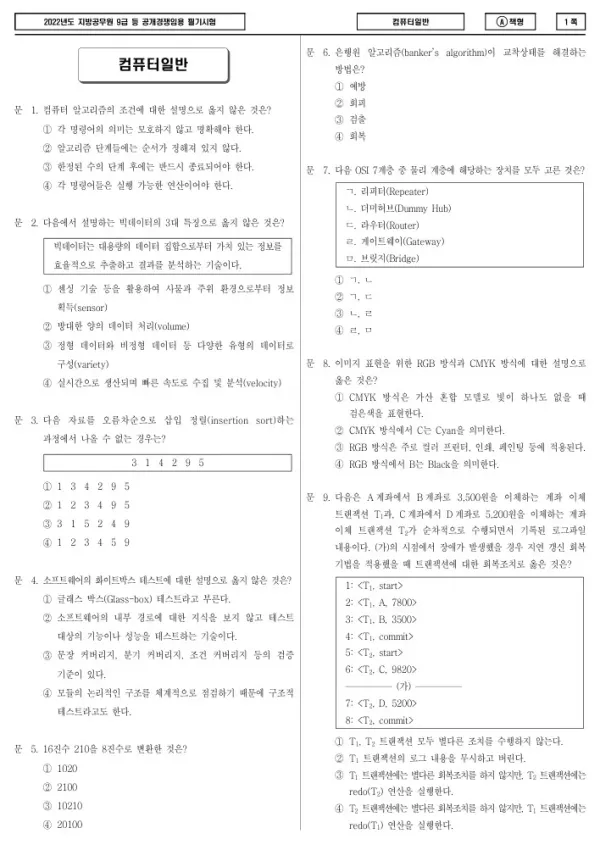2022년 제1회 지방공무원 9급 컴퓨터일반 (A)