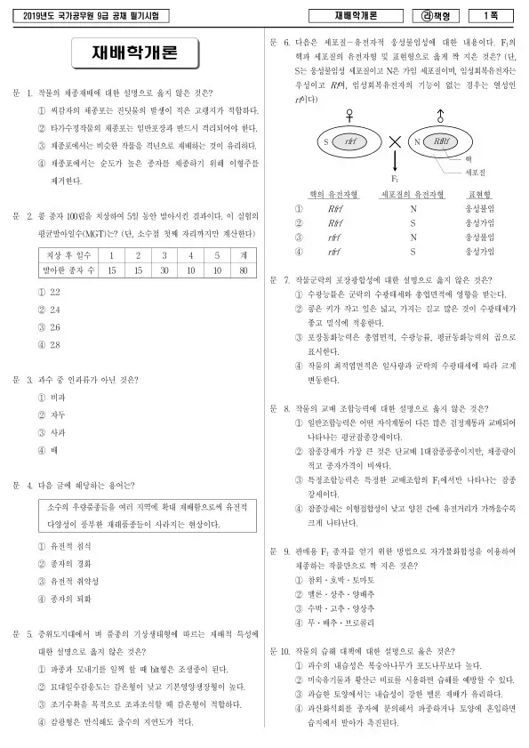 2019년 국가공무원 9급 재배학개론 (라)